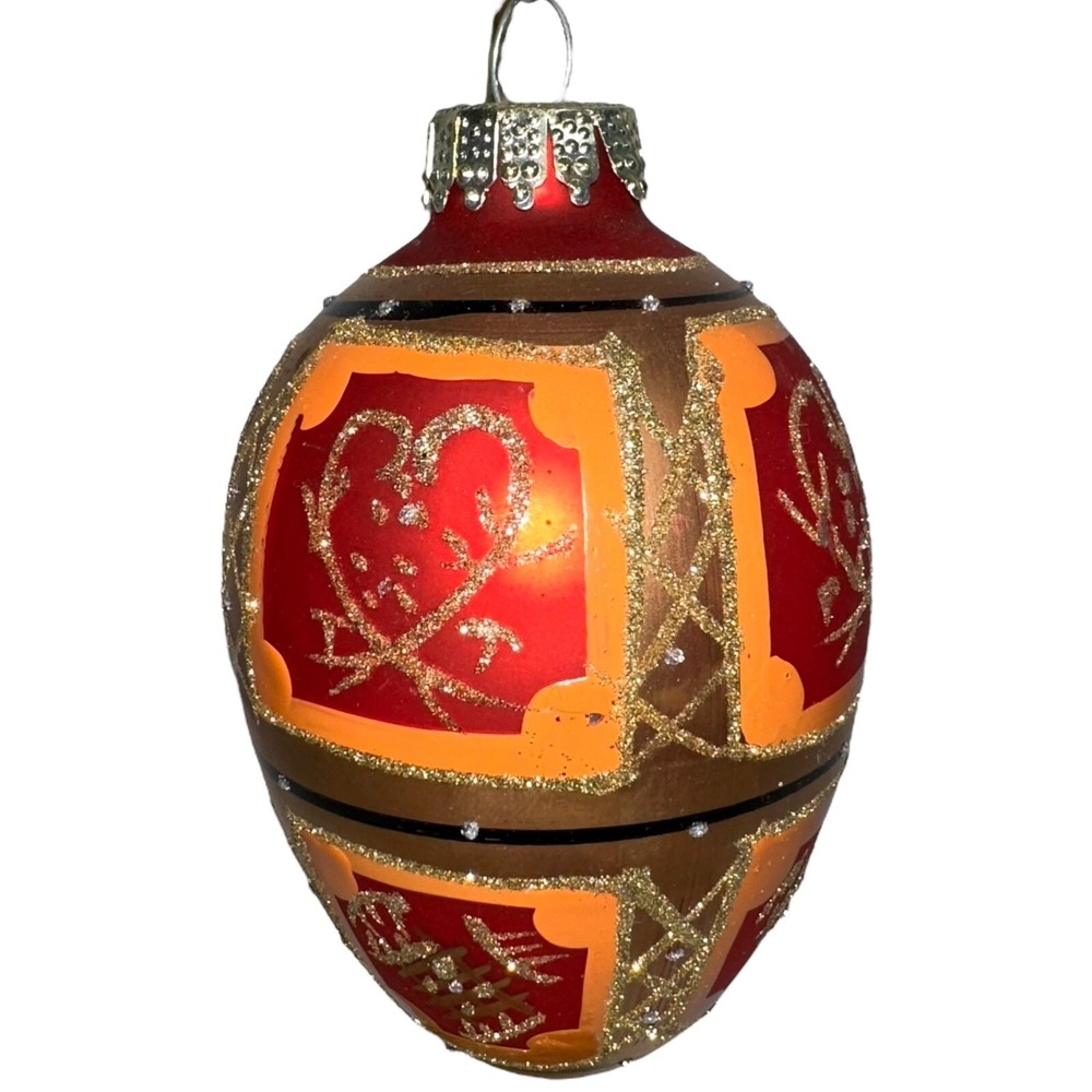 Vtg Glass Hand Painted Egg Shaped Christmas Ornament Red Gold‎ Glitter Abstract